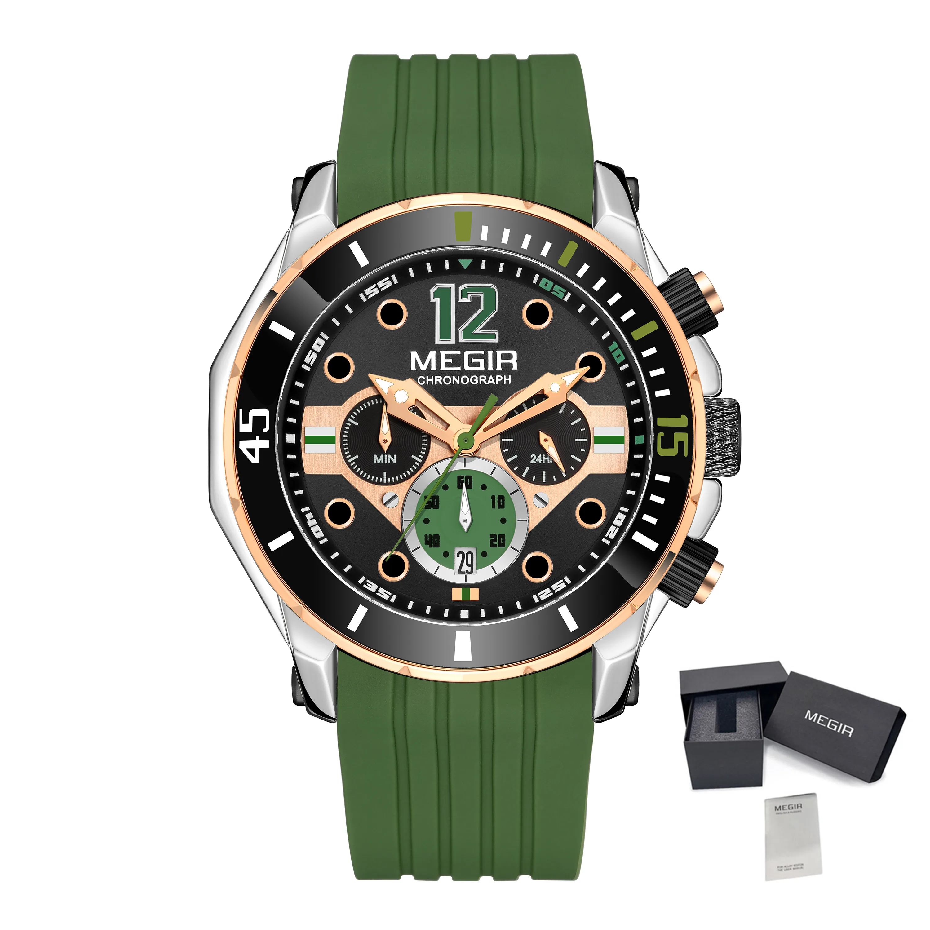 MEGIR 2206 Silicone Strap Men's Sport Watches Chronograph Waterproof Calendar Quartz Wristwatch Male Clock Relogio Masculino