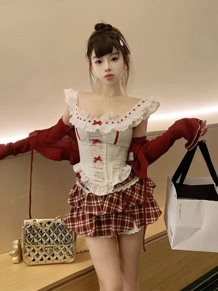 2024 Sweet Retro 3 Piece Outwear Suit Women Kawaii Vest Ruffles Cardigan + Slim Y2k Skirts Fashion Chic Lolita Evening Party Set