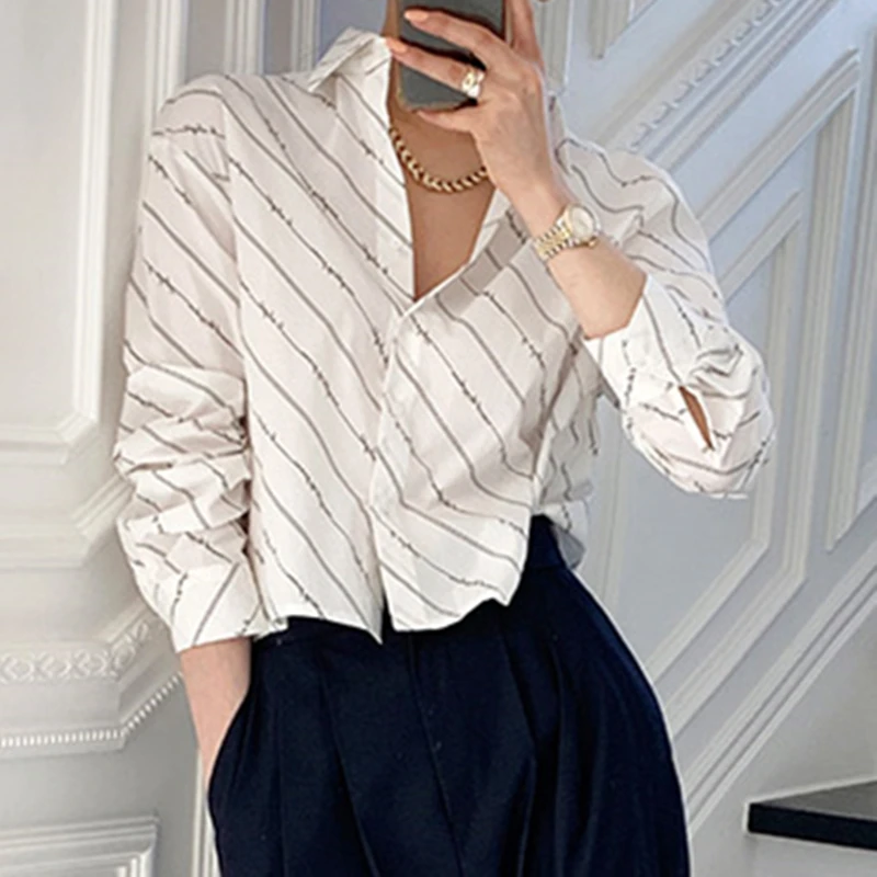 

Summer Women Blouse Casual Striped Short Style Single Breasted Tops Ladies Loose Long Sleeve Shirt Blusas Mujer Female