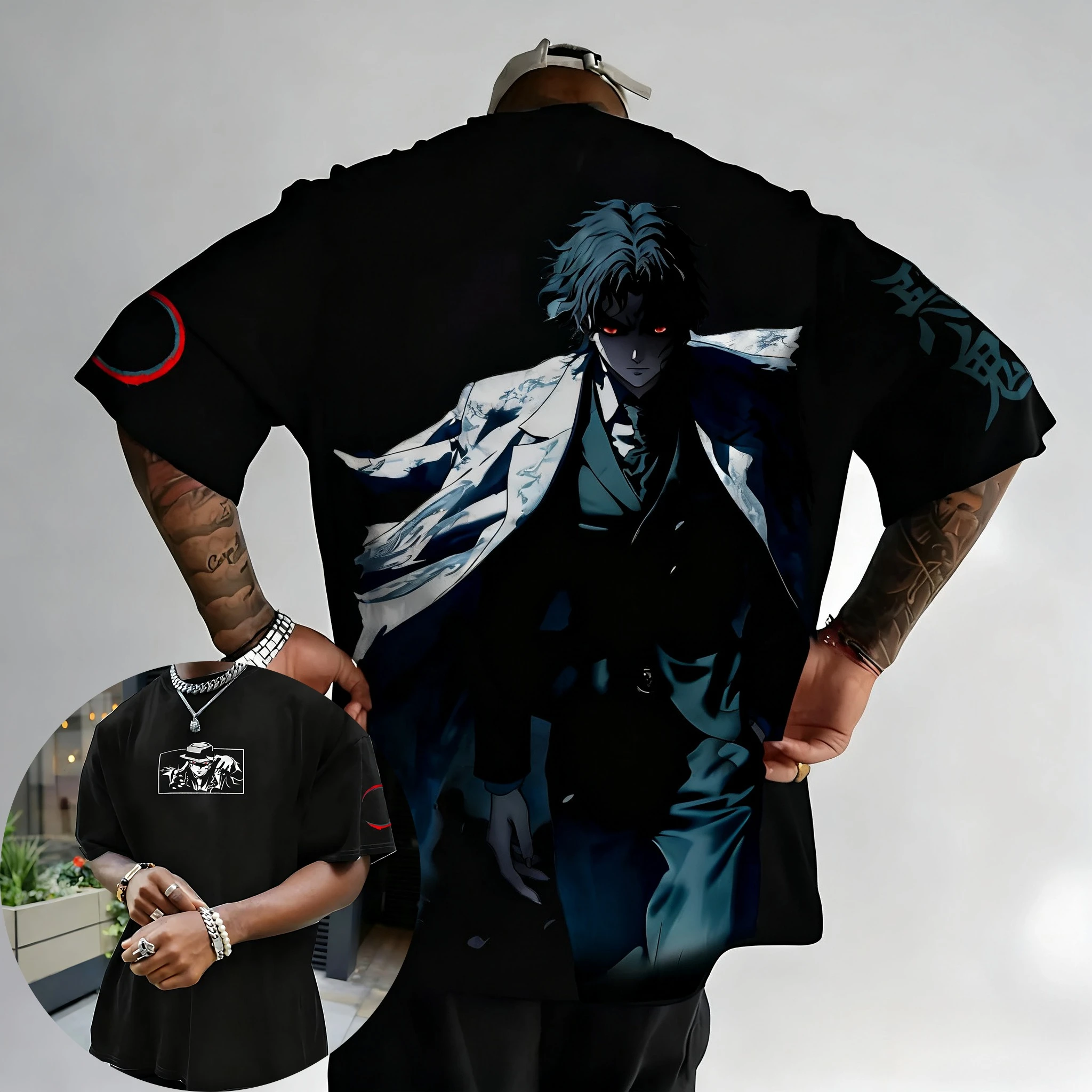 شيطان القاتل تي شيرت رجالي 2025 صيف جديد Kibutsuji Muzan أنيمي مطبوعة الشارع الهيب هوب الاتجاه Y2K بلوزة فضفاضة غير رسمية الوالدين والطفل