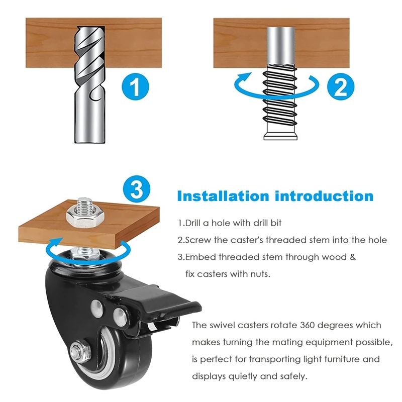 Stem Casters,1.5 Inch Casters Set Of 4 With Brake,Heavy Caster Wheels With Nuts, Non-Noise Castors For Carts,Workbench