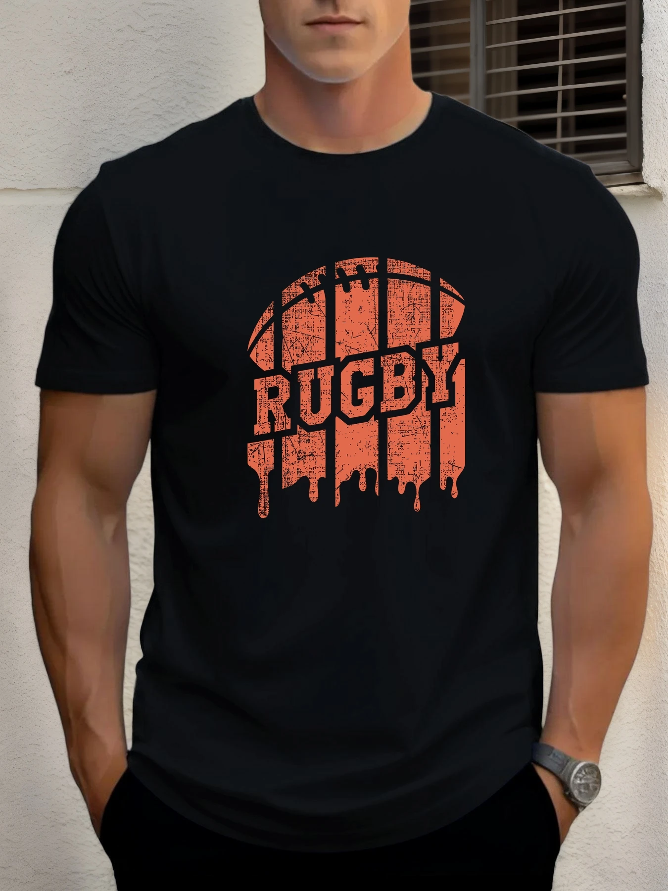 

2025 Summer Men's Cotton T Shirt Rugby Trendy Print Round Neck T-Shirt Casual Breathable Street Style Daily Top