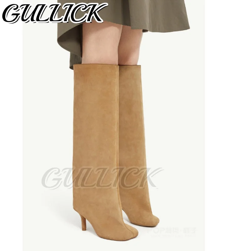 

Коричневые замшевые сапоги на каблуке с квадратным носком, однотонные туфли до колена, осень-зима, Zapatos De Mujer, слипоны на тонком высоком каблуке, 2025 г.