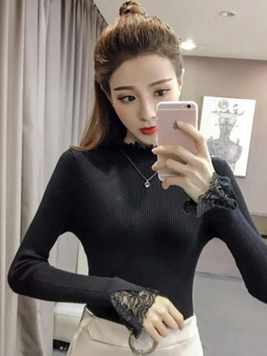 Plus Size Lace Base irt Damen Strickpullover Korean Sle Slim Fit Overhead Ort Sle Vielseitige Tight Fit Innenbekleidung