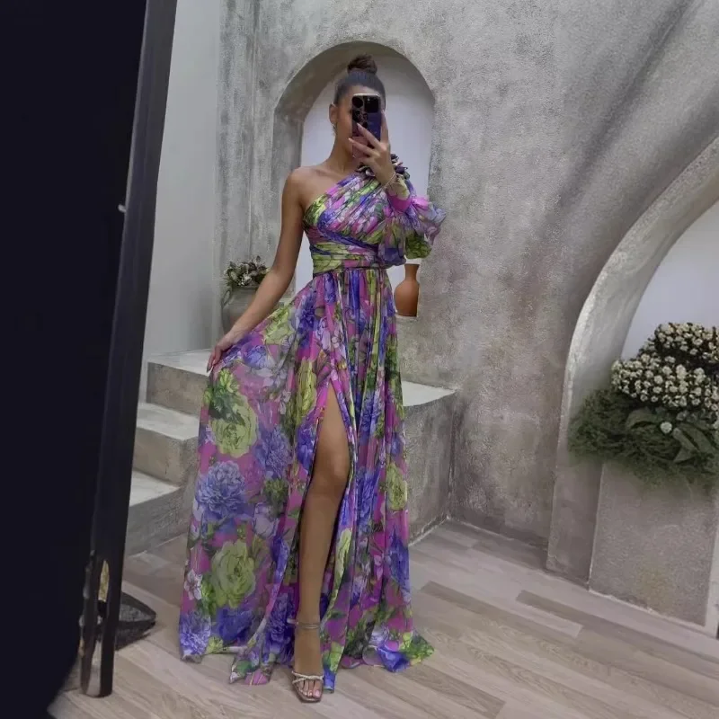 여름 신상 여성 의류 섹시한 사선 숄더 원숄더 긴팔 플로럴 롱 하이엔드 펜듈럼 플로럴 드레스