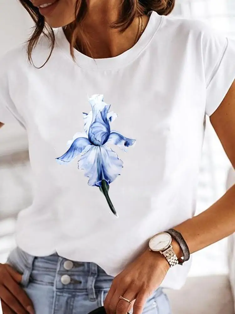 Camiseta de manga curta feminina, camisetas casuais femininas, roupas estampadas com flores, estilo doce, moda anos 90, camiseta gráfica para senhora, tendência de roupas