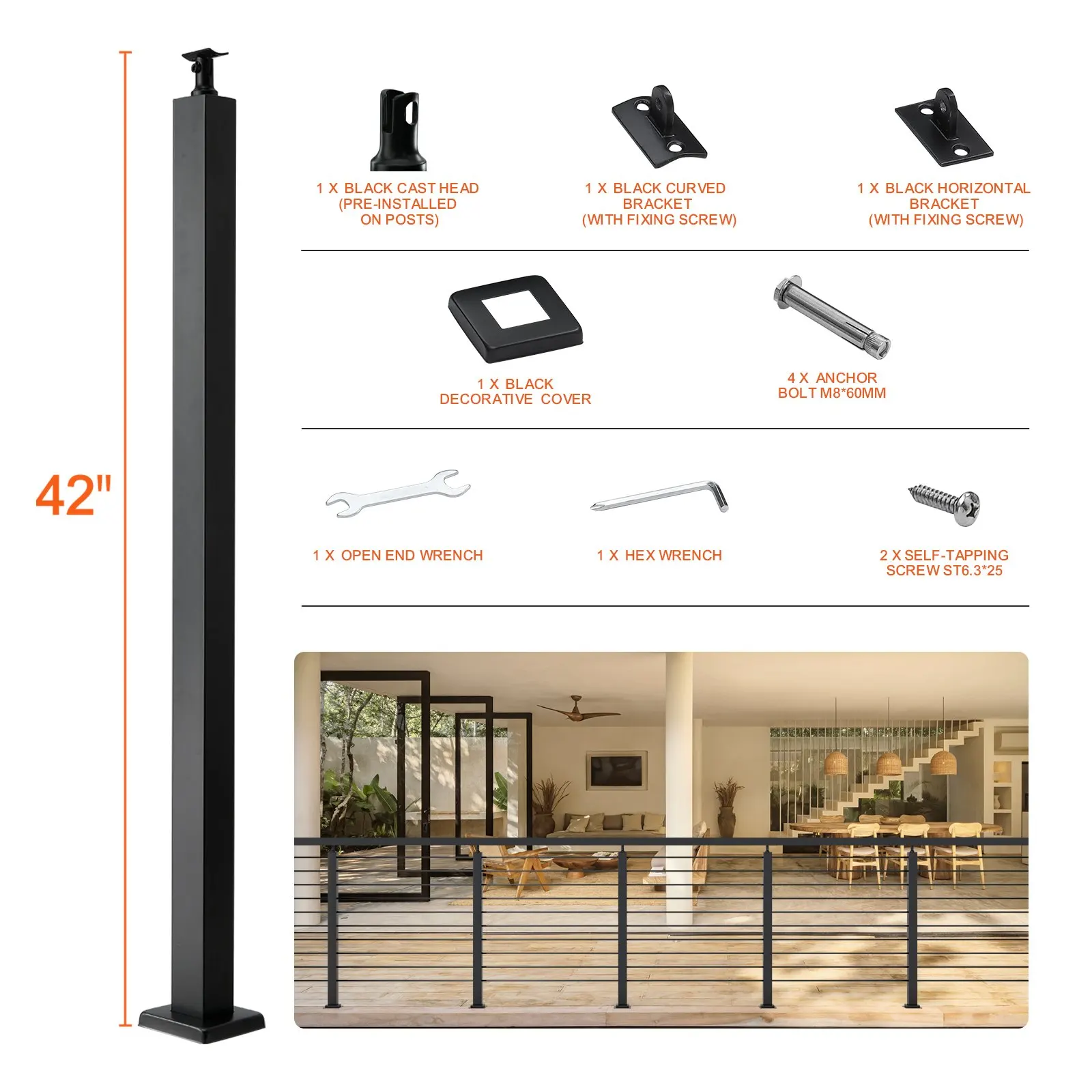 케이블 레일 포스트 레벨 데크 계단 포스트 42 X 1.97 X 1.97 케이블 핸드레일 포스트 스테인리스 스틸 브러시 마감 데크 난간 DIY
