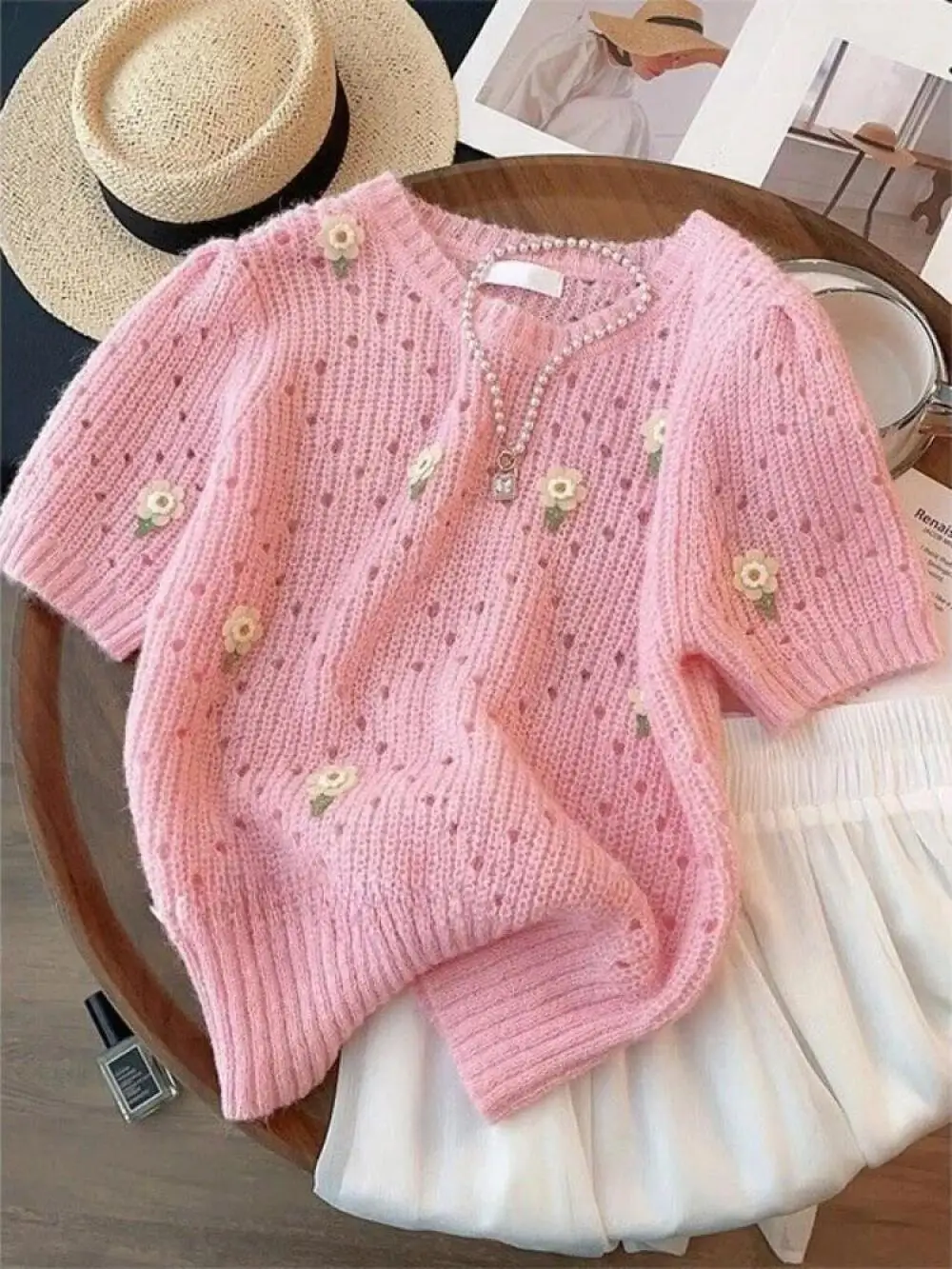 Women Pink Hollow Out Crochet Knit Cardigan 3D Floral Embroidery Pearl Button Placket Short Puff Sleeve