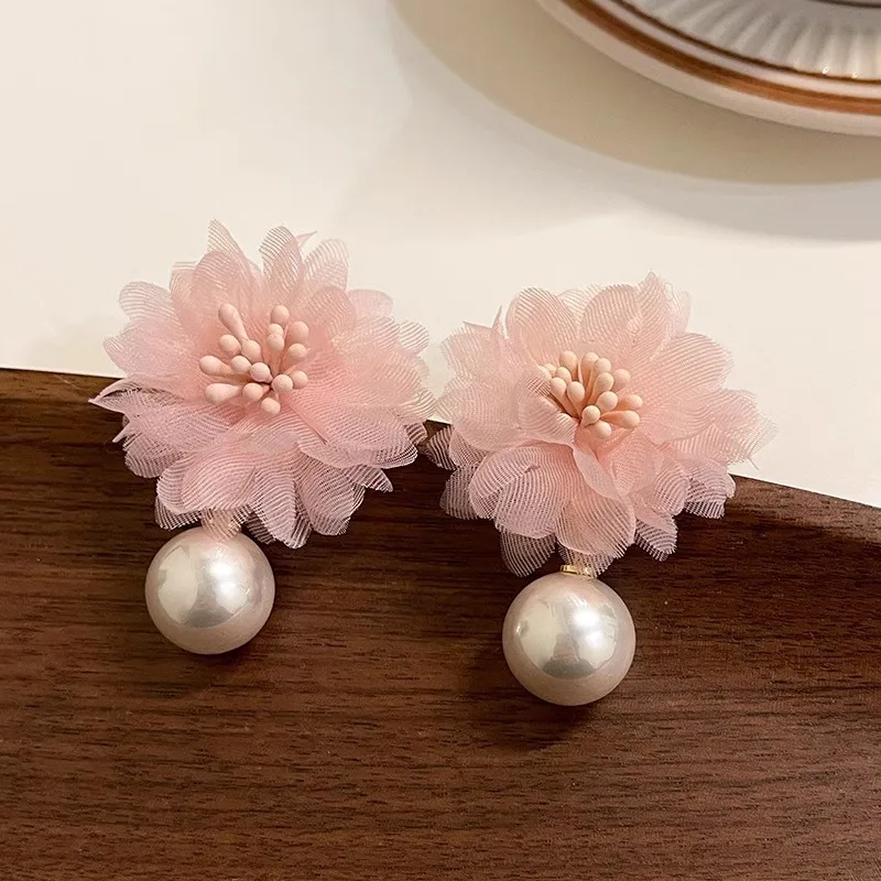 Korean Fashion Fabric Pink Flower Pendant Earrings For Women Romantic Sweet Flower Pearl Stud Earrings Wedding Party Jewelry