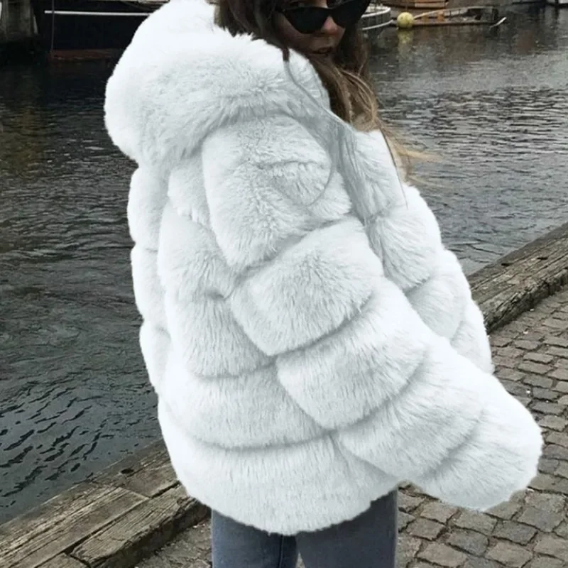 Womens Fashion Faux Fur Collar Parka Jacket Casual Thicking Long Sleeve Padded Coat Winter Warm Fur Hooded Jacket Outerwear