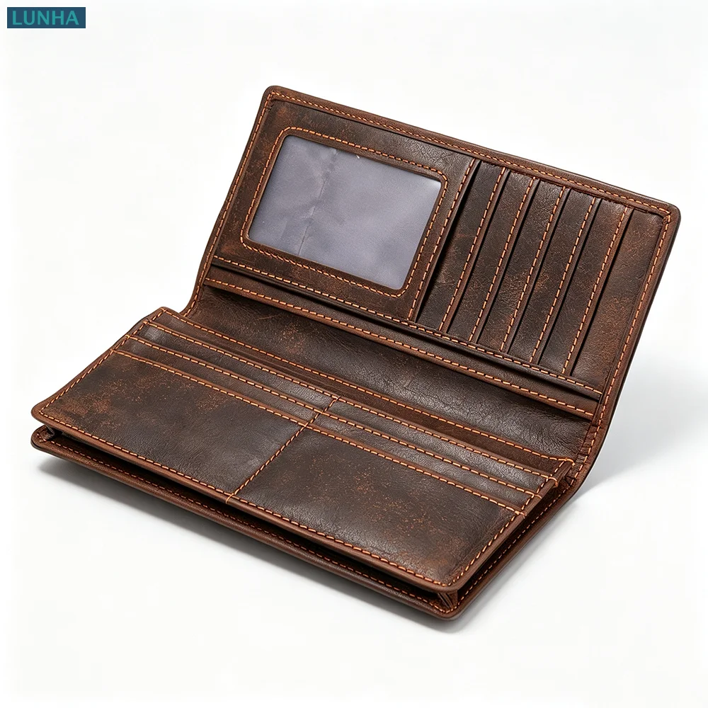 Vintage Genuine Leather Cash Money Purse Wallet Men's Large Capacity Long Card Holder with Contrast Stitching Casual Style