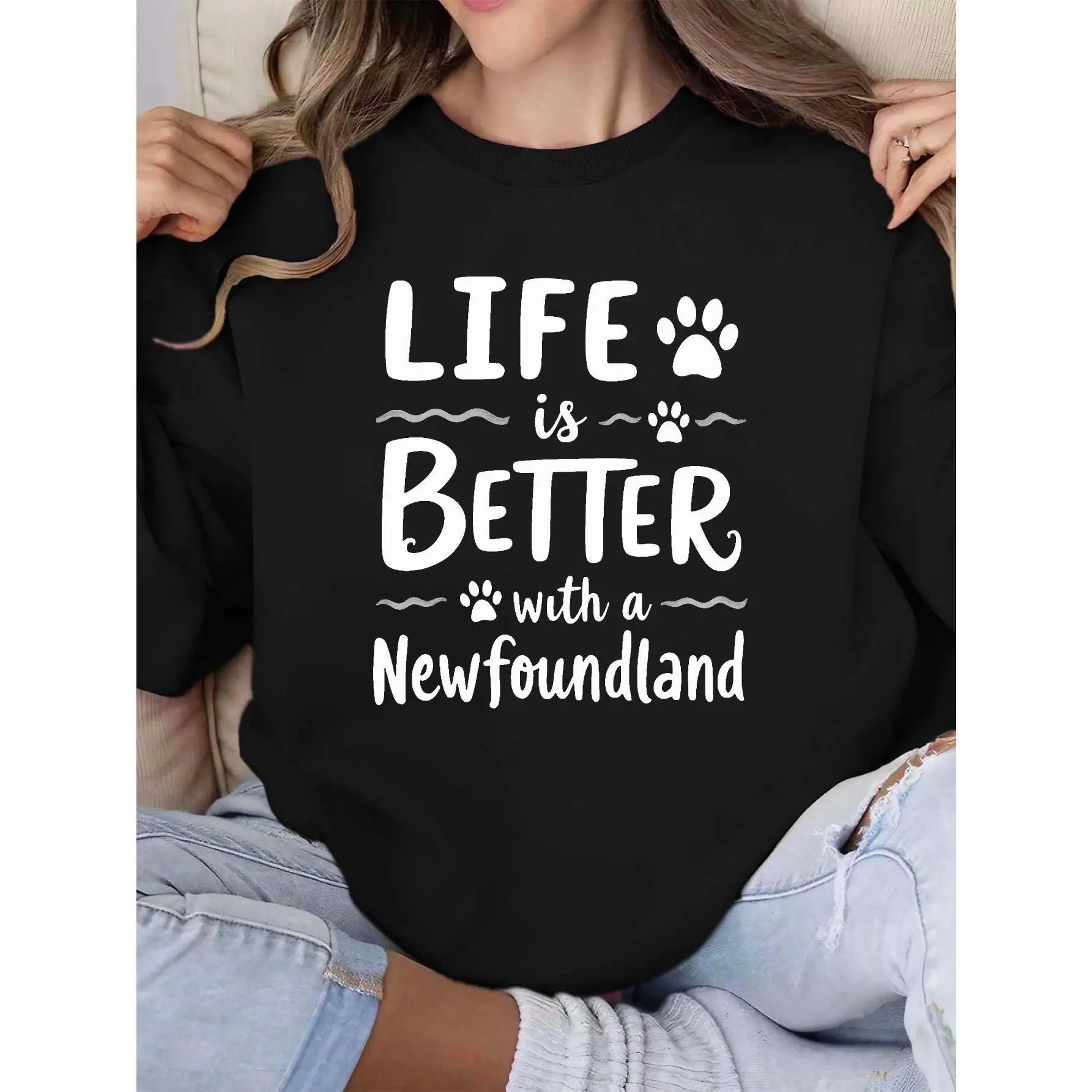 

Women's Newfoundland Dog Lover Sweatshirt | 'Life Is Better' Pet Breed Pullover | Cute Paw Print Casual Gift Top