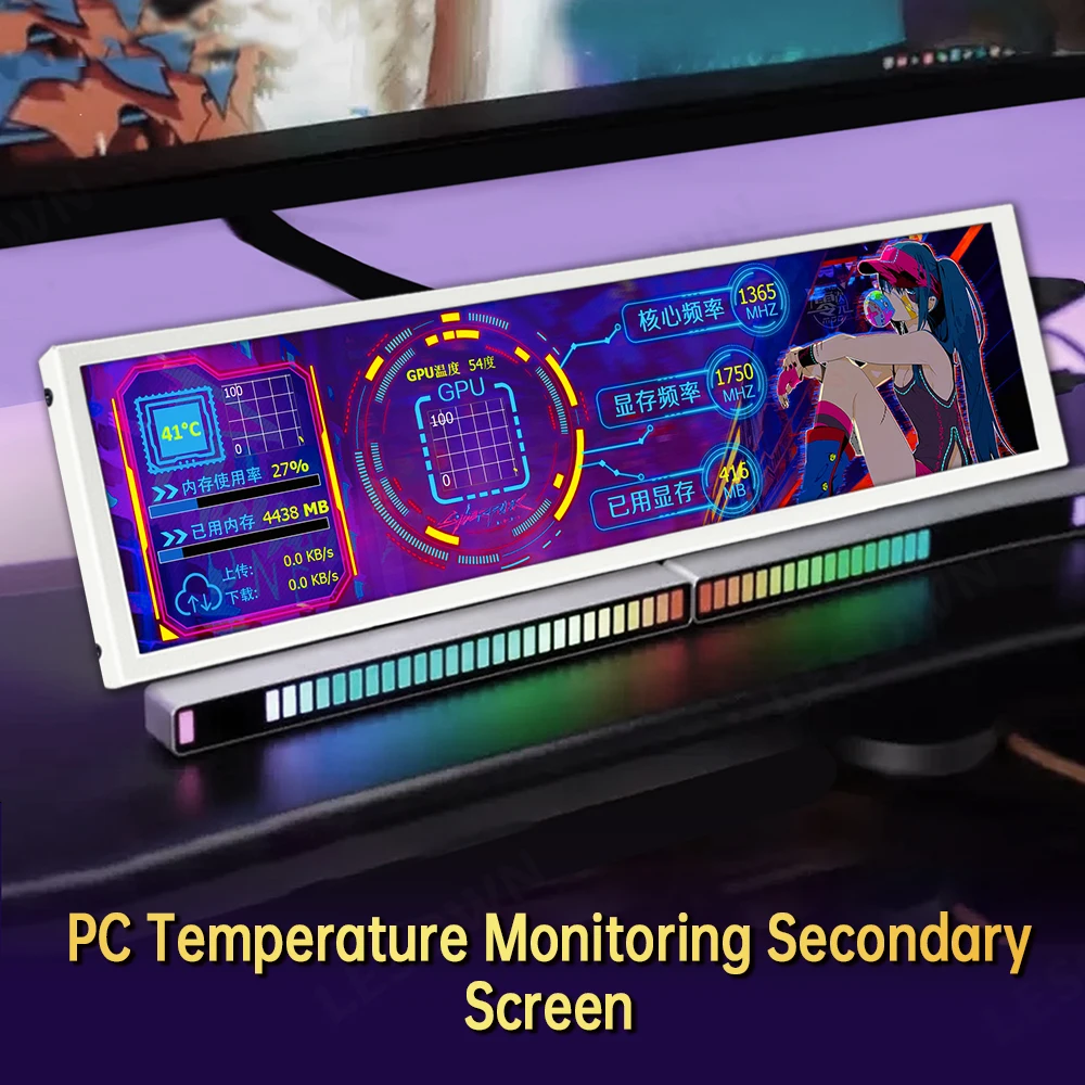 LESOWN 8.8 inch Stretched Bar Temperature Monitor 480x1920 IPS Secondary Screen Display for PC Aida64 CPU GPU Data Monitoring