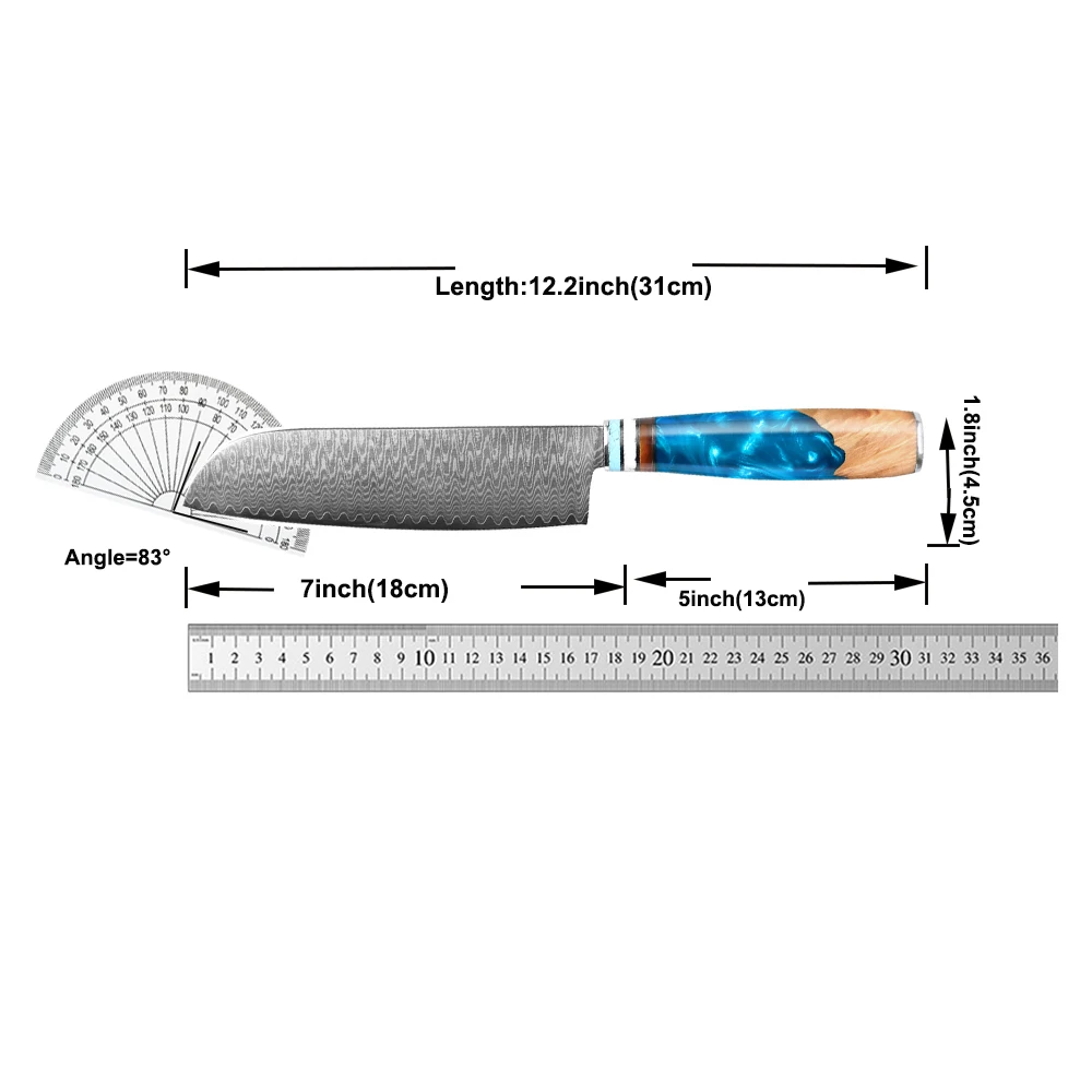 Santoku-Messer, Damaststahl mit blauem Griff, multifunktionales VG-10-Damast-Küchenmesser für professionelle und Amateurküchen. – Detail 2
