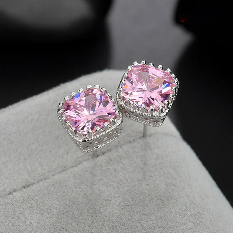 New Arrival 925 Sterling Silver Stud Earrings Shiny 6MM Square Cubic Zirconia Ear Brincos DropShipping For Women's Gift