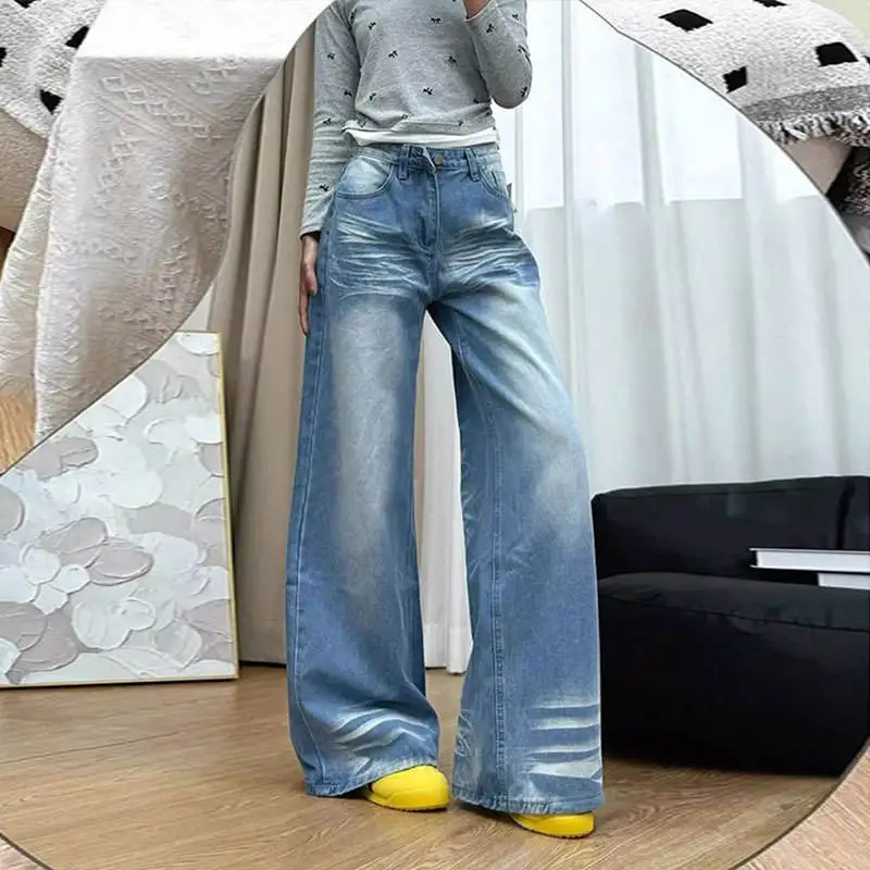 

American High Waist Wide Leg Jeans Women Summer New plus Size Slimming Loose Floor-Length Straight Pants Elegant Style