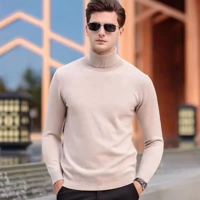 

New Autumn Winter Men's High Neck Pullover Knitted Sweater 100% Pure Wool Long Sleeved Loose Solid Color Business Casual Warmtop