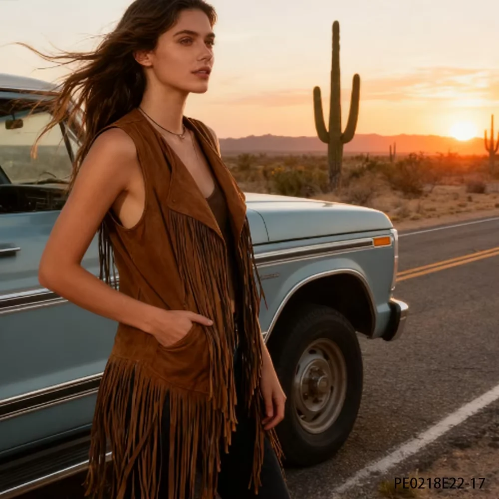 PESENAR Gilet en jean marron à franges, classique vintage, créant un article à la mode de style occidental
