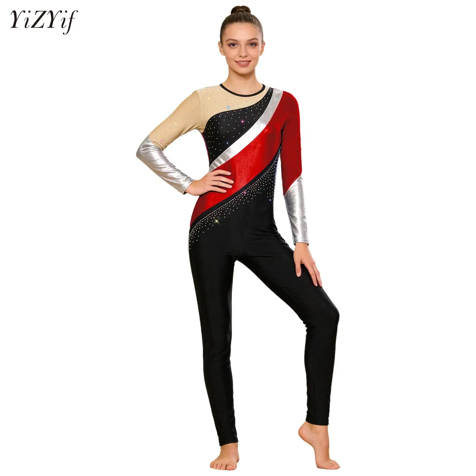 

Womens Adults Ballet Dance Jumpsuit Gymnastics Artistic Figure Skating Unitards Glittery Rhinestone Long Sleeve Bodysuit Rompers