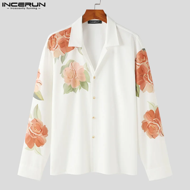 Men Shirt Flower Printing Lapel Long Sleeve Button Loose Fashion Men Clothing 2024 Streetwear Casual Male Shirts S-5XL INCERUN