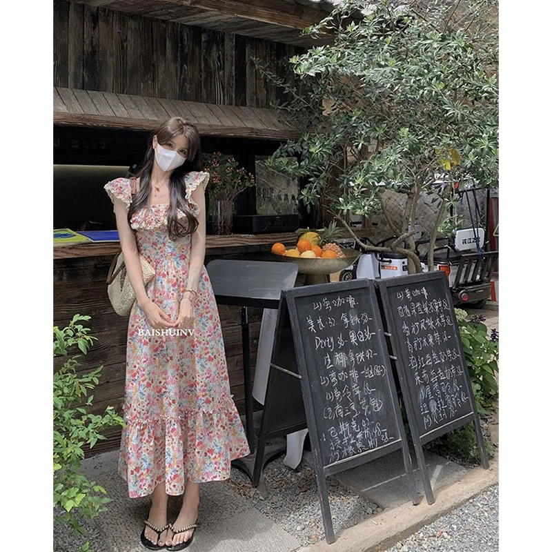 MEXZT Vintage Floral Midi Dress Women Sweet Print Square Collar A Line Dresses Summer Elegant Vacation Flying Sleeve Vestidos