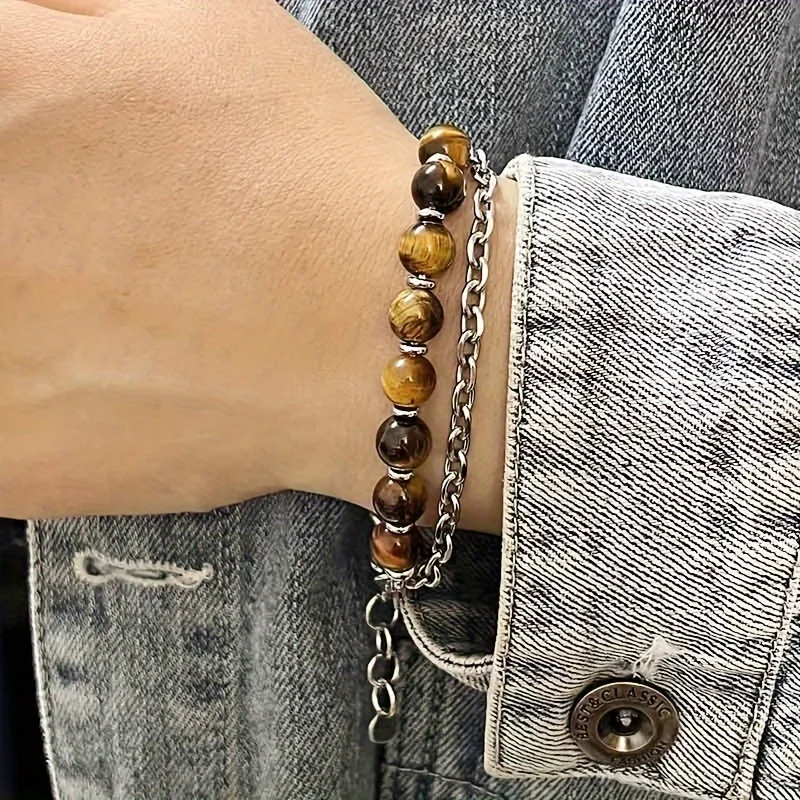 Pulsera de piedra de ojo de tigre de acero inoxidable, cadena de molienda de doble cara, joyería dominante de moda europea y americana para hombres