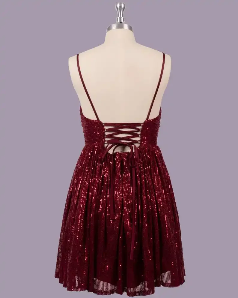 Vestidos de baile personalizado lantejoulas vinho vermelho curto vestido de baile, vestido de noite vintage acima do joelho, mini vestidos de cocktail