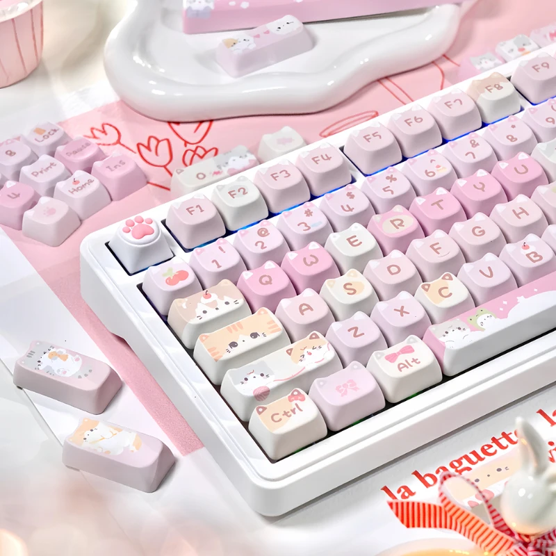 

Cute Meow Meow Warriors Pink Keycaps 140 Keys PBT Heat Sublimation MAO Profile Mechanical Gaming Keyboard Keycap Set Girls Gifts