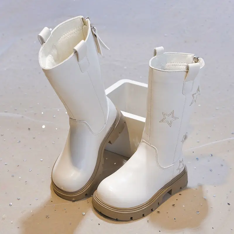 Star Embroidery Girls Fashion Boots Solid PU Leather Zip Children Knee High Shoes Short Plush Warm Anti Slip Kids Long Boots
