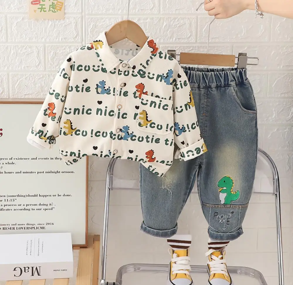 Ensemble de Tenues de Styliste pour Bébé Garçon, Style Coréen, Dessin Animé, Lettre Dinosaure, Chemises à Manches sulfet Jeans, Survêtement pour Enfant