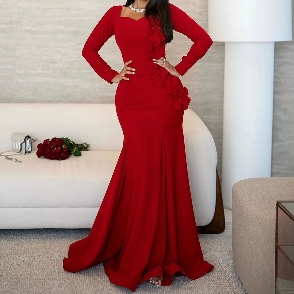 

Customized A-line Evening Dresses Floor-length V-neck Full Sleeve Prom Gown Fashion Flowers Simple Draped Casual Party Gown