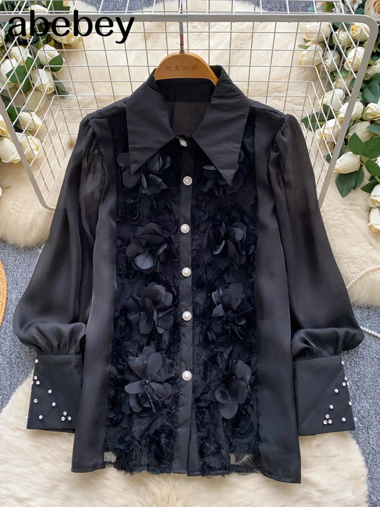 

Новая блузка с длинными рукавами-фонариками, однобортная однобортная элегантная рабочая одежда, шифоновая рубашка с 3D цветочным принтом, романтический топ с жемчугом и бисером