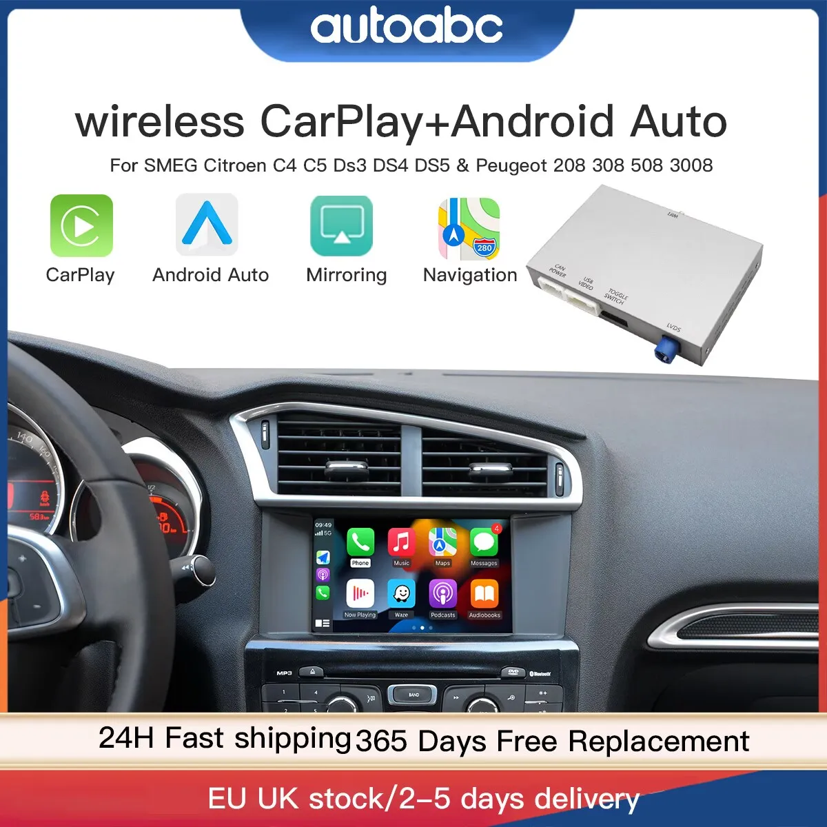 Wireless  Carplay Android Auto module for Peugeot 208 308 508 3008 Citroën C4 C3 DS3 DS4 DS5 SMEG system Airplay Mirror