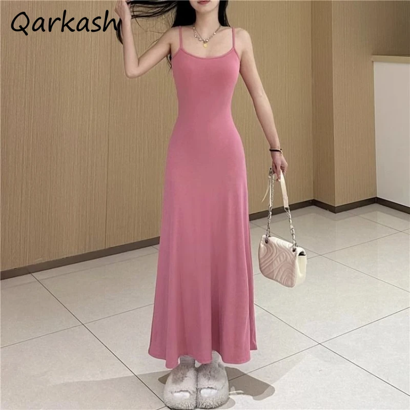 

Sleeveless Midi Dresses Women Solid Simplicity Elegant Sexy All-match Streetwear Hotsweet Square Collar Sundress Vestidos Chic