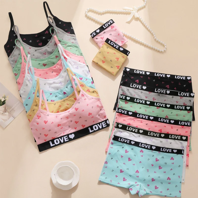 

VITALINOVO Two Pieces Cotton Girls Training Bra Sets Cute Heart Pattern Crop Cami Training Bras wih Padded Matching Underwear