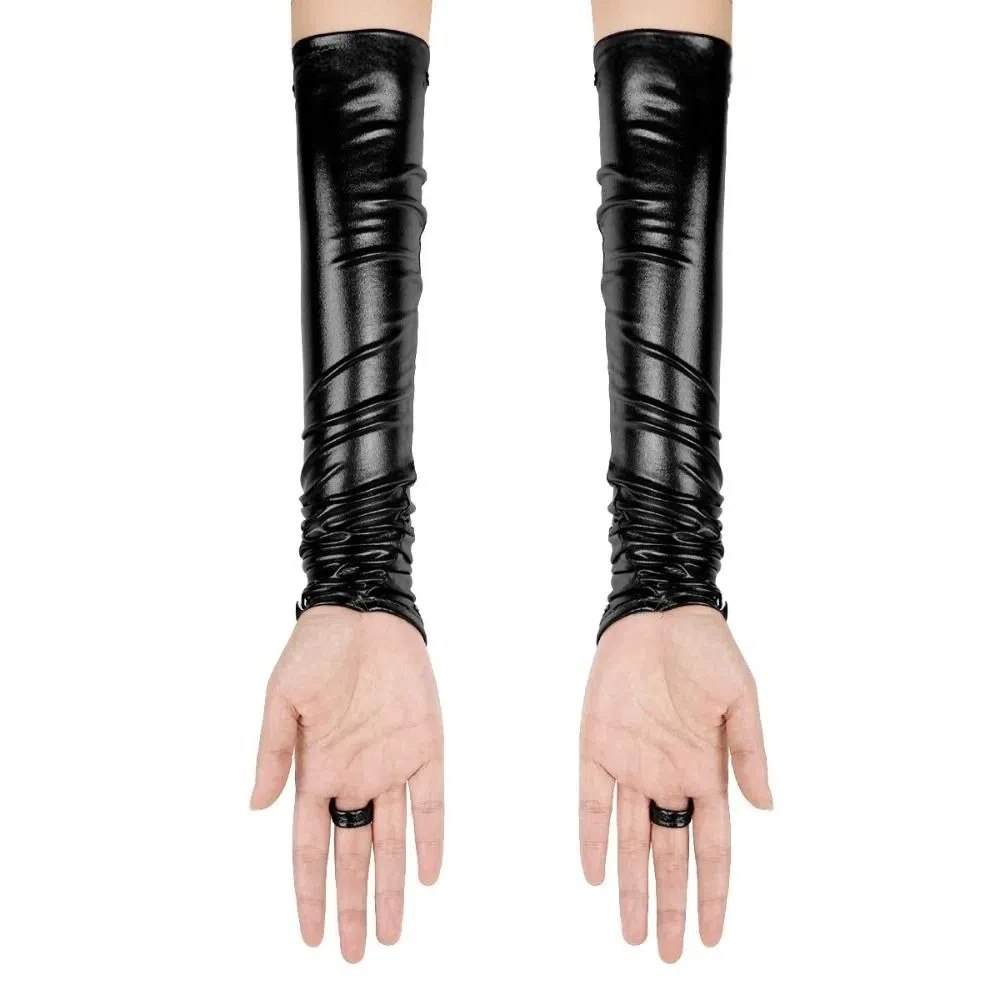 

Fingerless Design Women Latex Gloves Long Shiny Surface Metallic Gloves Rivets Detail Stretchy Material Wetlook Gloves
