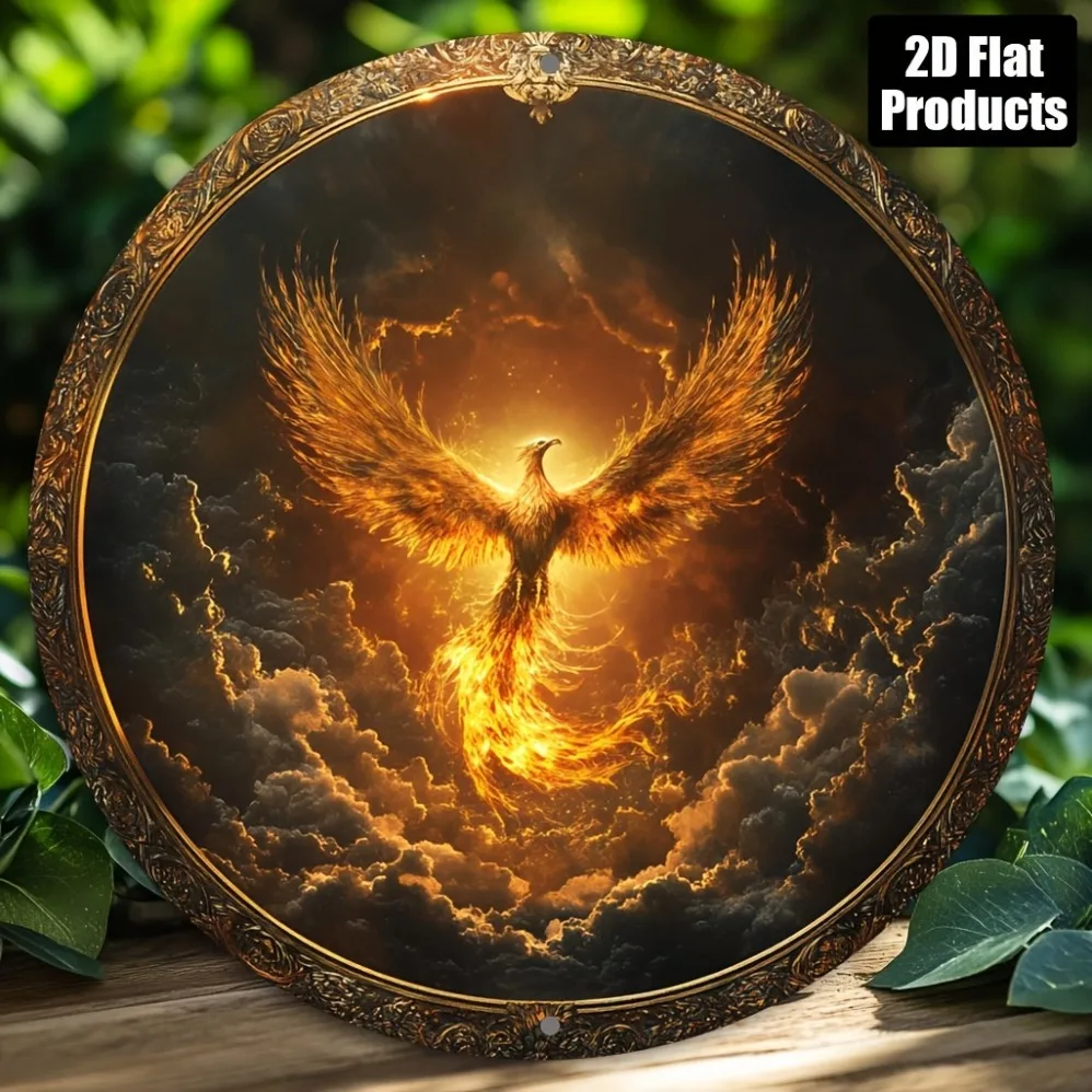 1pc Vintage Phoenix Metal Wall Art – Round Aluminum Plaque (Golden Wings/Sunset Sky/Detailed Feathers), Perfect for Hom