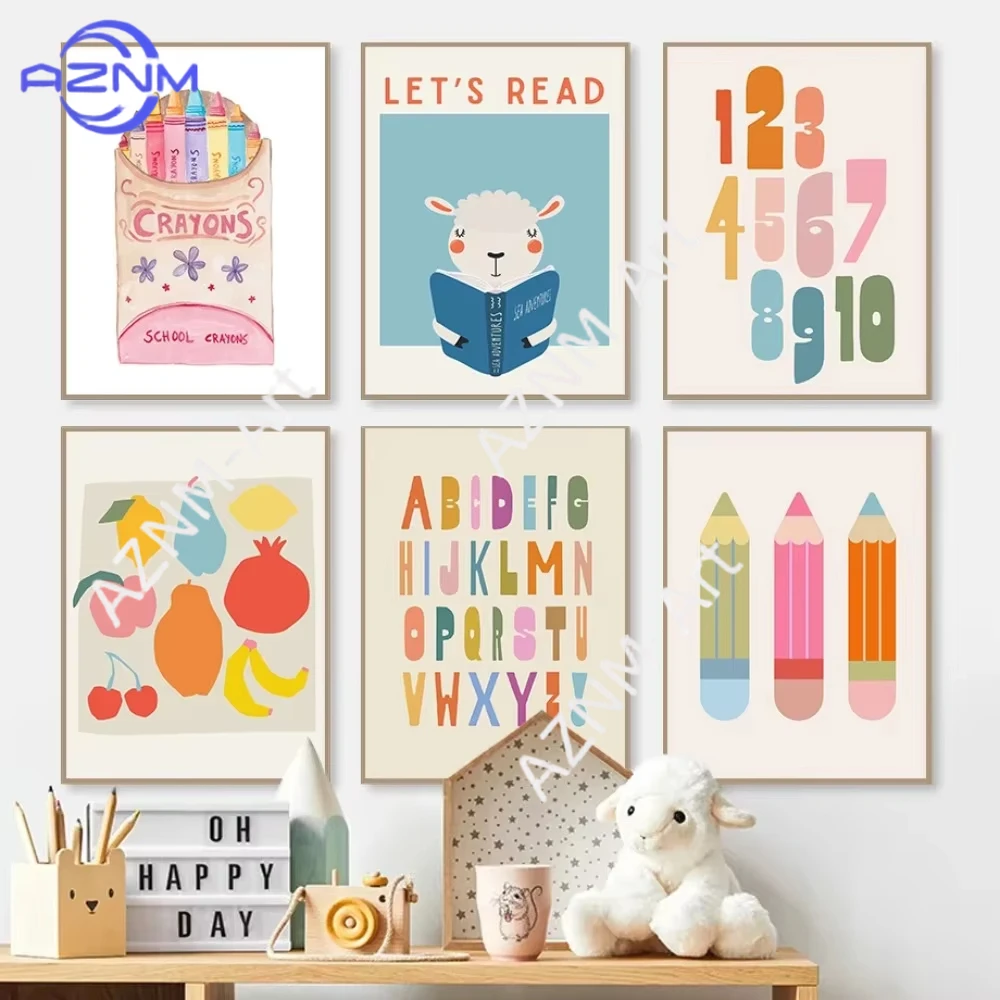 1PC ，1pc Frameless Children Reading Colorful Posters Cute Toddler Classroom Modern Printing Canvas Painting Wall Family