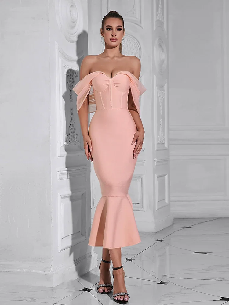 

Sexy Off Shoulder Mesh Patchwork Midi Mermaid Bandage Dress Women Pink With Shoulder Cuffs Bodycon Dresses Evening Party Gowns
