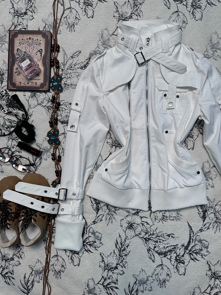 سترة دراجات نارية بيضاء أصلية بطراز Y2K من Aibi، ملابس خارجية للخريف المبكر، تصميم فريد وجميل للنساء، مزيج قطني مع سحاب وغطاء...