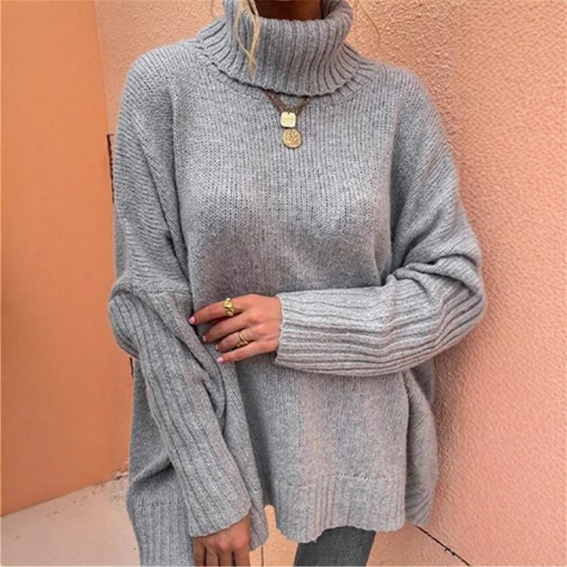 

Winter Turtleneck Women Sweaters Knit Batwing Sleeved Thick Splice Pullovers Regular Vintage Casual Women Streetwear