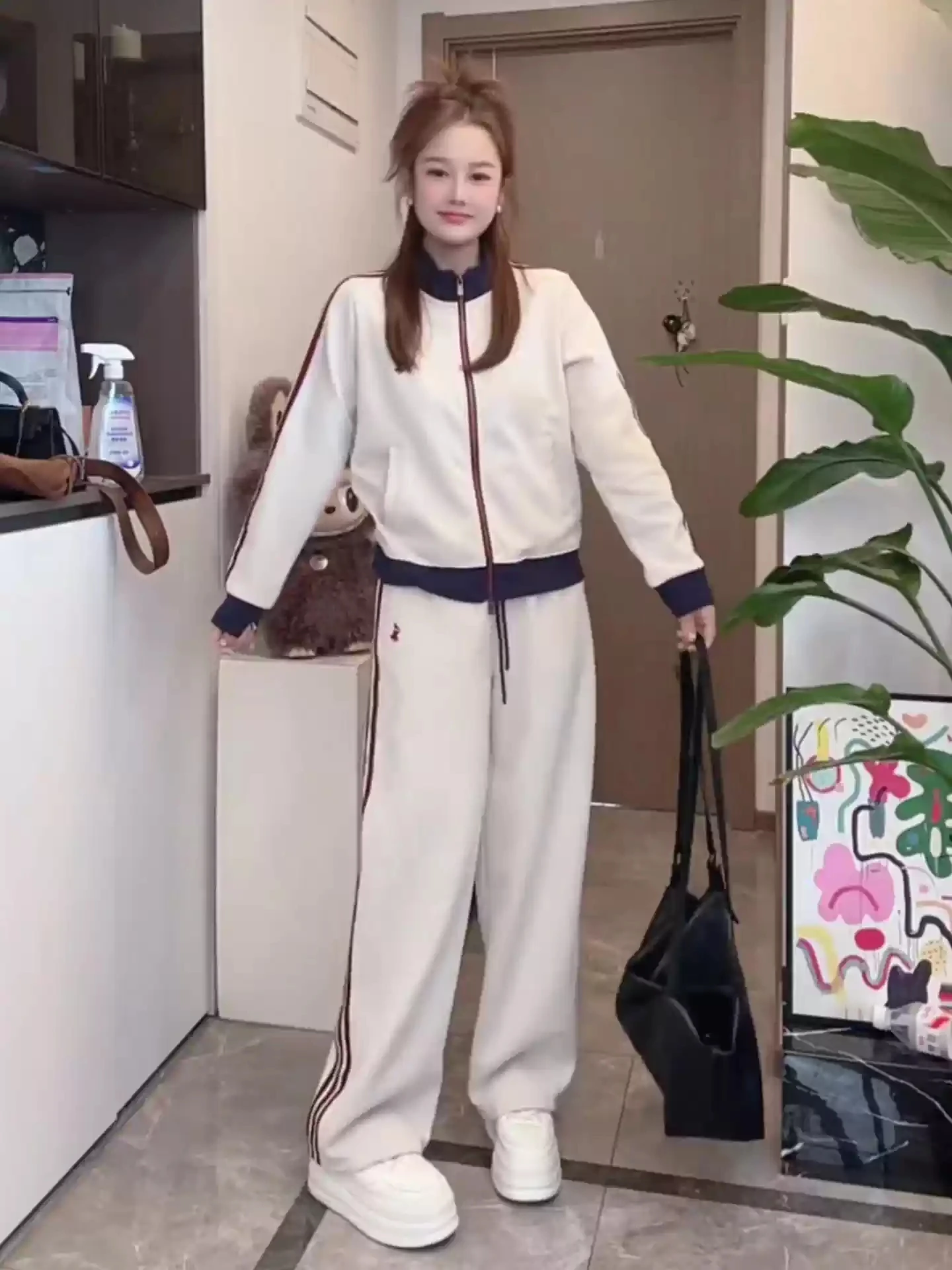 Korean Sport Style Color Block Wide Leg Pants Set Women's Autumn Slimming Two Piece Set Fashionable Casual Wear