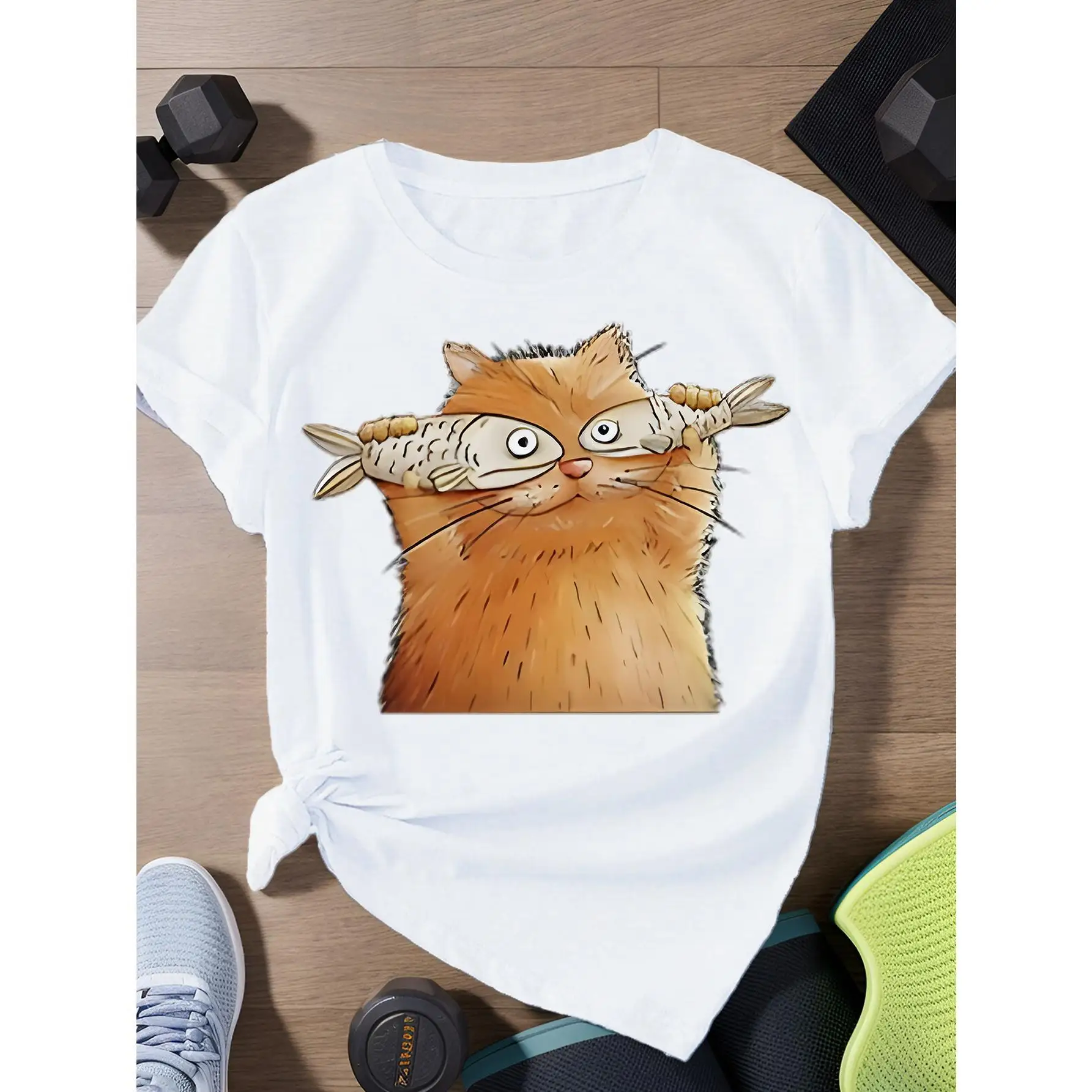 

Women's Round - Neck Tee. Adorable Cartoon Cat Holding A Fish Print. Made Of Breathable Cotton, A Cute And Unique Summer
