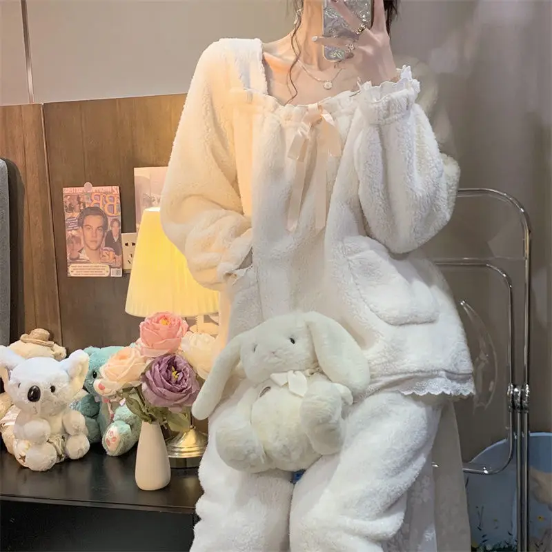 Women Winter Flannel Warm Chic Pajama Sets  All-match Windproof Loose Square Collar Nightwear Plush Sleepwear Outfits Cozy