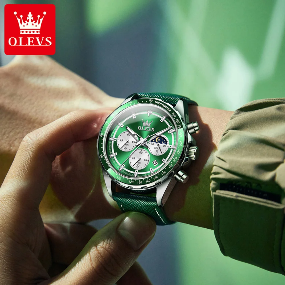 OLEVS-Relógio de Quartzo Multifuncional Masculino, Cronógrafo, Calendário, Luminoso, Impermeável, Pulseira de Couro, Casual, Moda, Novo, 2945