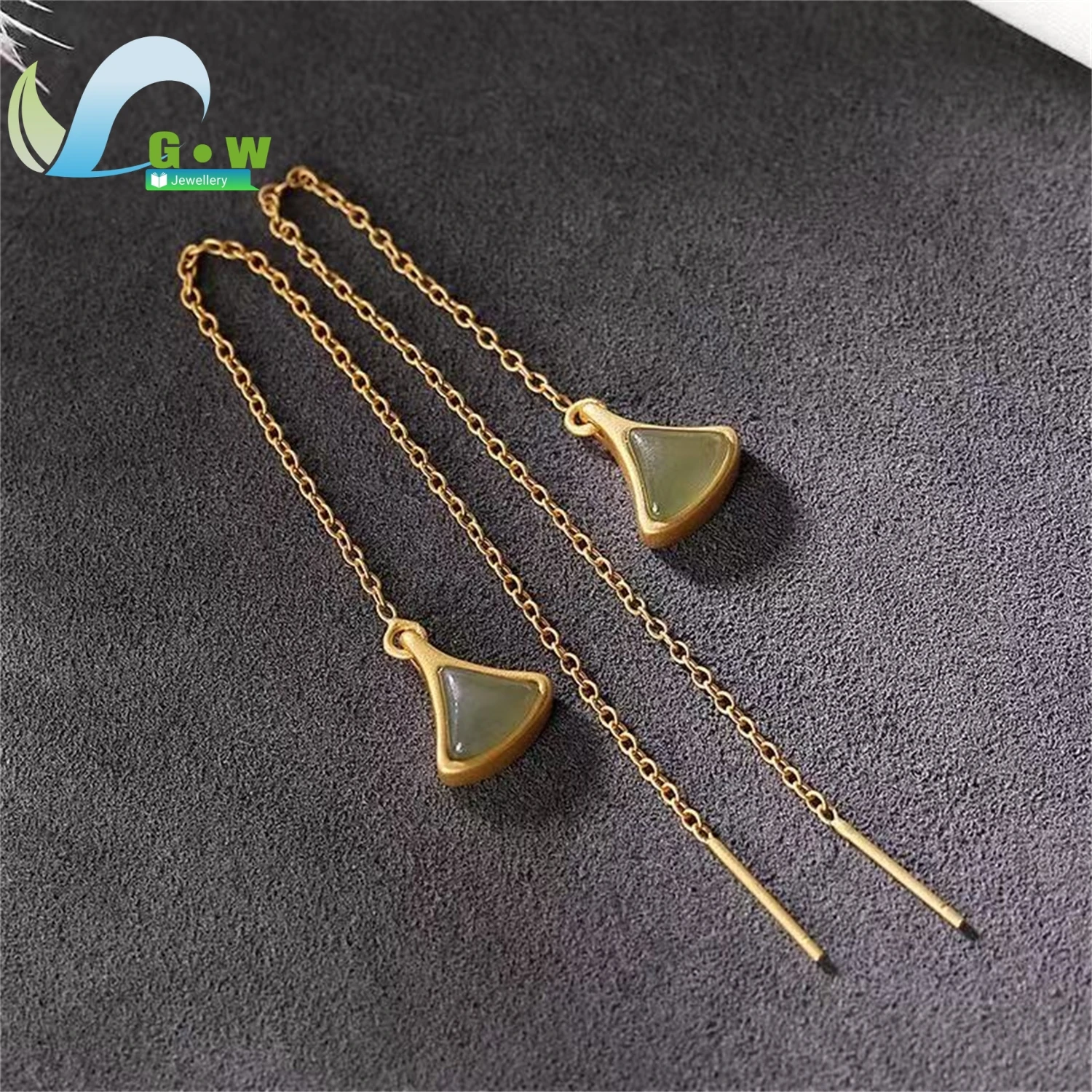 Natural Hetian Green Jade South Red Agate Ear Line Earrings Women Fashion Elegant Gold Plated Gemstone Jewelry Charm Gift