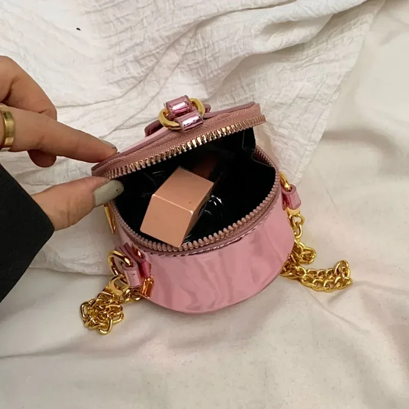 Mini bolso redondo, bolsa para lápiz labial, monedero para mujer, bolso cruzado de cuero PU brillante, bolso bandolera a la moda para chicas