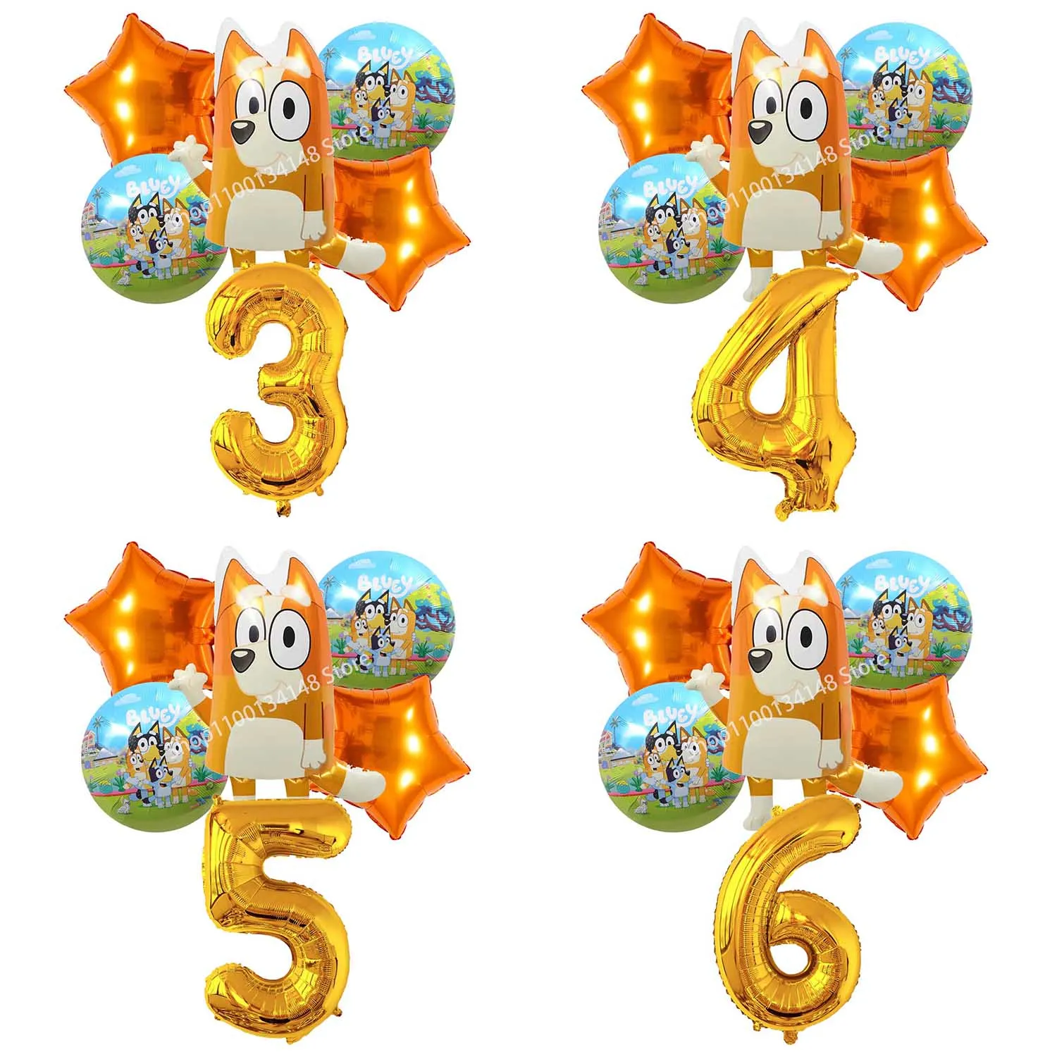 Blueys Bingo Ballons 6pcs Set Birthday Decorative Cute Cartoon Aluminum Foil Balloon Number Balloons Party Decoration Props Gift