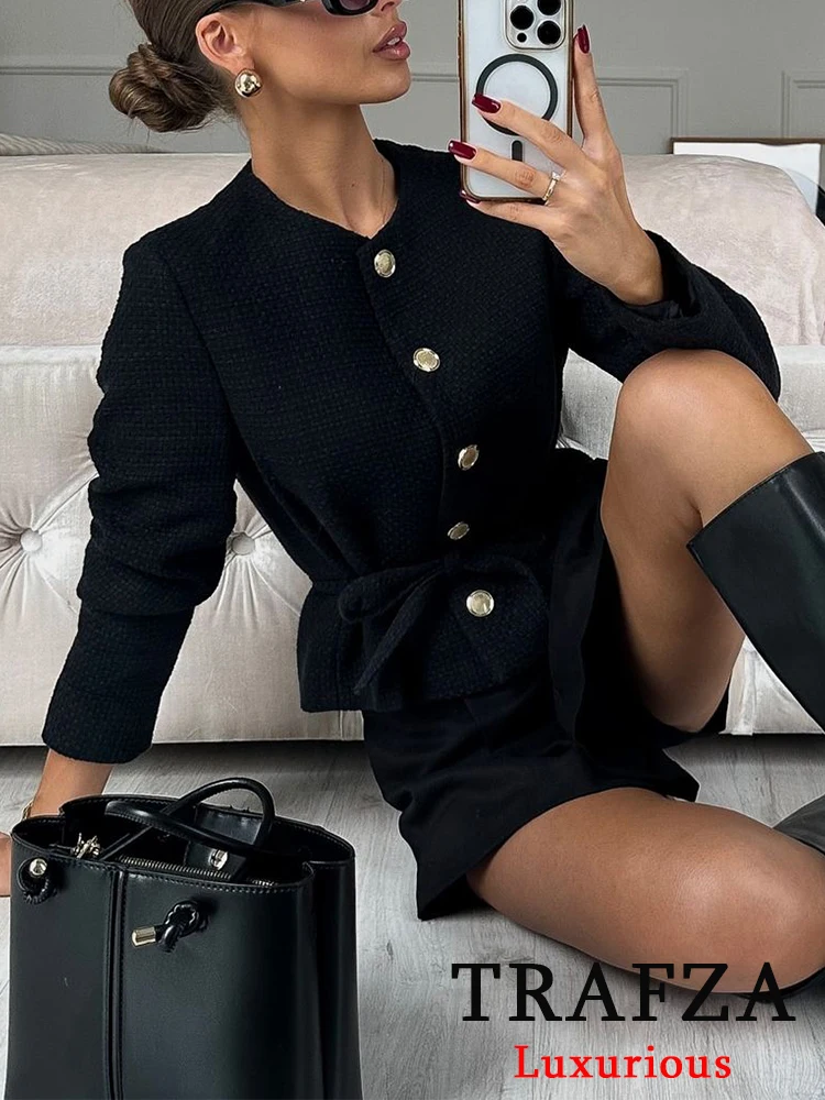 TRAFZA Vintage Casual Women Blazer Black Solid Single Breasted O Neck Long Sleeve Blazer New Fashion 2024 Office Lady Blazers