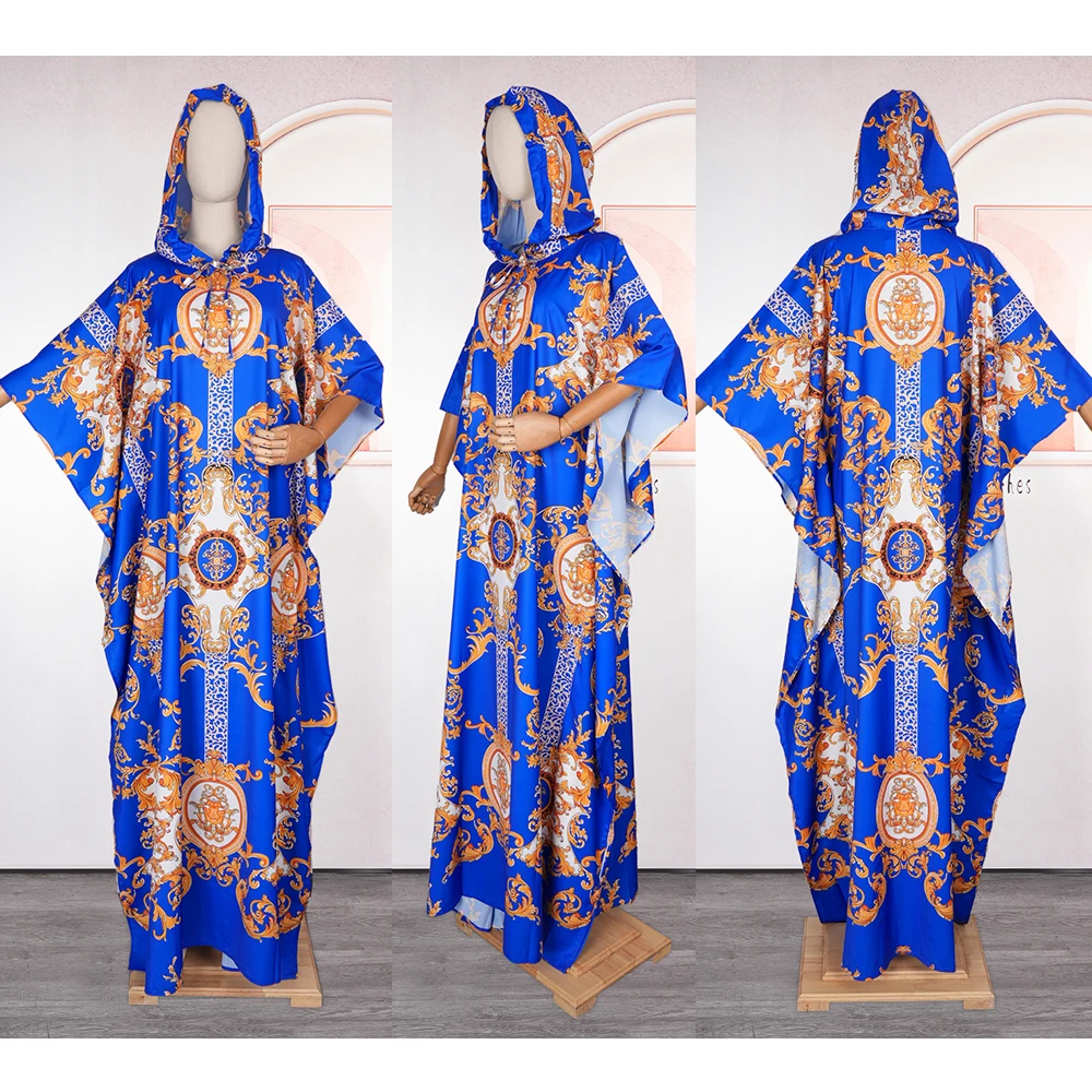 Elegant African Dresses for Women Muslim Fashion Print Boubou Dashiki Ankara Outfit Evening Gown Abayas Kaftan Hooded Robe 2024